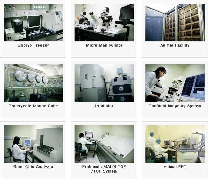 Embryo Freezer, Micro Manipulator, Animal Facility, Transgenic Mouse Suite, Irradiator, Confocal Imageing System, Gene Chip Analyzer, Proteomic MALDI TOF/TOF System, Animal PET