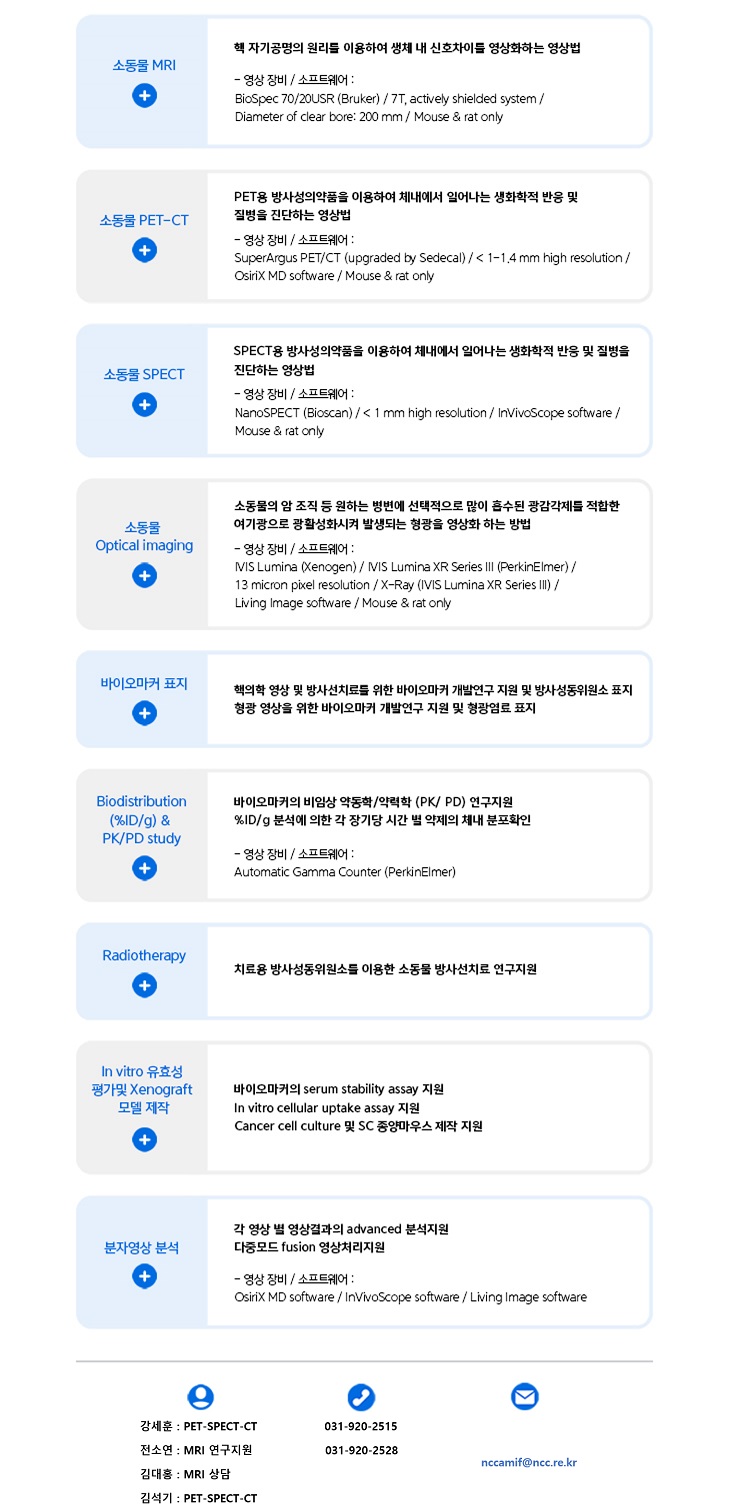 소동물 MRI, 소동물 PET-CT, 소동물 SPECT, 소동물 Optical imaging, 바이오마커 표지, Biodistribution & PK/PD study, Radiotherapy, In vitro 유효성 평가 및 Xenograft 모델제작, 분자영상 분석