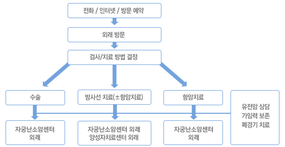 치료절차 : 전화/인터넷/방문예약 - 외래방문 - 검사/치료 방법 결정 - 수술(자궁난소암센터 외래), 방사선치료+-항암치료(자궁난소암센터 외래, 양성자치료센터 외래), 항암치료(자궁난소암센터 외래) - 유전암 상담 가임력 보존 폐경기 치료
