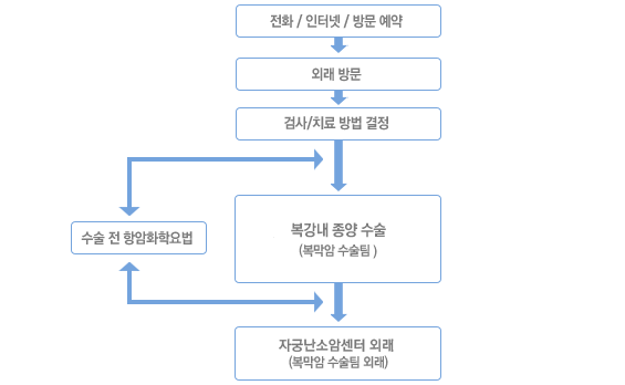 [복막암 클리닉 치료절차]1.전화/인터넷/방문예약→ 2.외래방문→ 3.검사/치료 방법 결정 → 4.복강내 종양 수술-복막암 수술팀(수술 전/후 경과에 따라 항암화학요법을 받음) → 5.자궁난소암센터 외래(복막암 수술팀 외래)